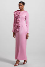 Flowering Girl Women 3D Floral Satin Long Sleeve Midi Dress