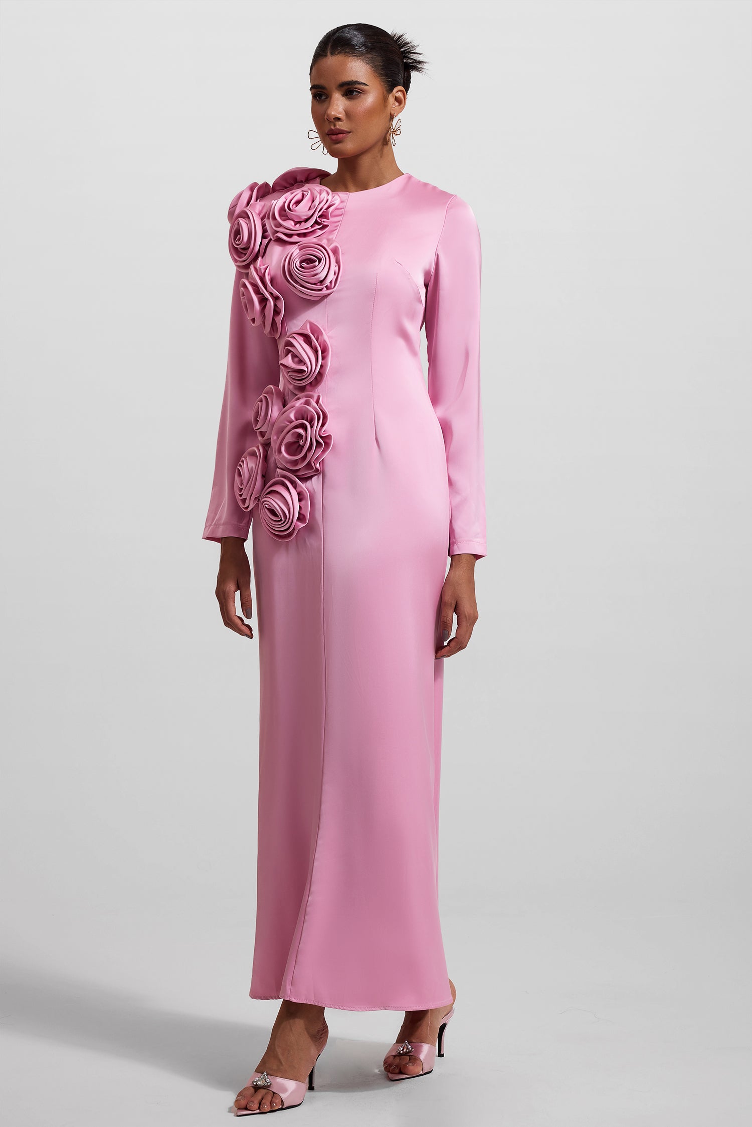 Flowering Girl Women 3D Floral Satin Long Sleeve Midi Dress