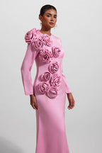 Flowering Girl Women 3D Floral Satin Long Sleeve Midi Dress