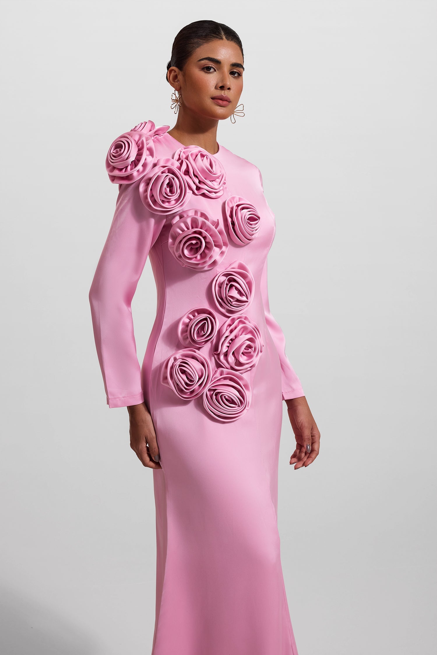 Flowering Girl Women 3D Floral Satin Long Sleeve Midi Dress