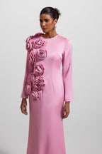Flowering Girl Women 3D Floral Satin Long Sleeve Midi Dress