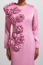 Flowering Girl Women 3D Floral Satin Long Sleeve Midi Dress