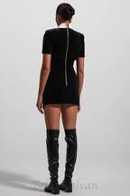 Flowering Girl Women Velvet Button Short Sleeve Mini Dress in black