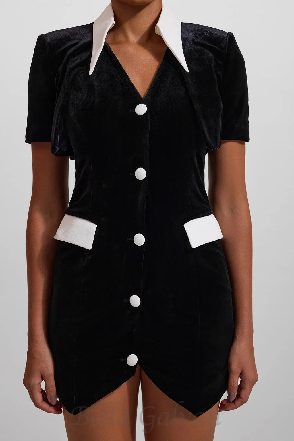 Flowering Girl Women Velvet Button Short Sleeve Mini Dress in black