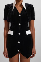 Flowering Girl Women Velvet Button Short Sleeve Mini Dress in black