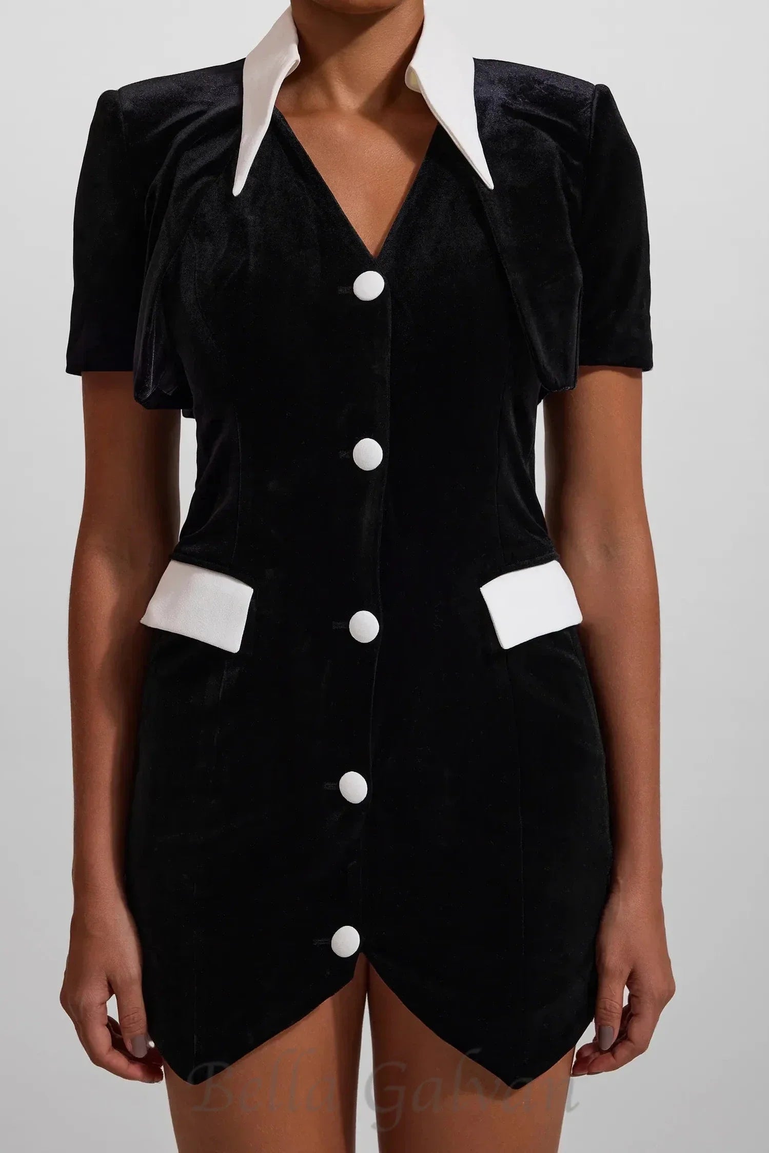 Flowering Girl Women Velvet Button Short Sleeve Mini Dress in black