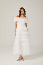 joyce ruffled tulle tiered strapless midi dress in white