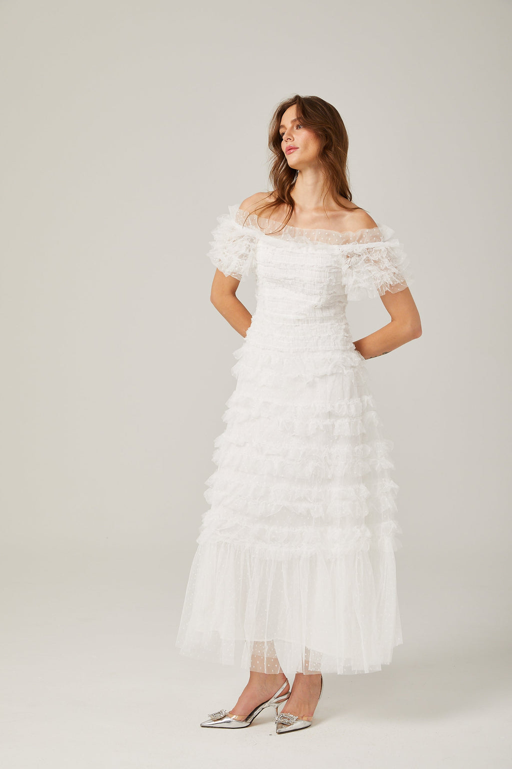 joyce ruffled tulle tiered strapless midi dress in white
