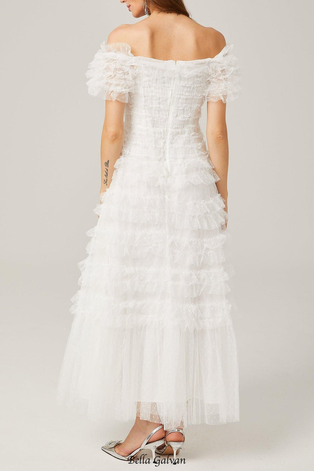 joyce ruffled tulle tiered strapless midi dress in white