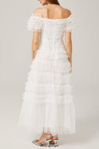 joyce ruffled tulle tiered strapless midi dress in white