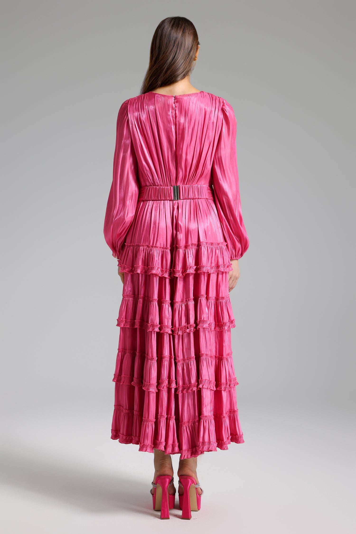 Flowering Girl Women Peyton Satin Pleated Waist Maxi Dress