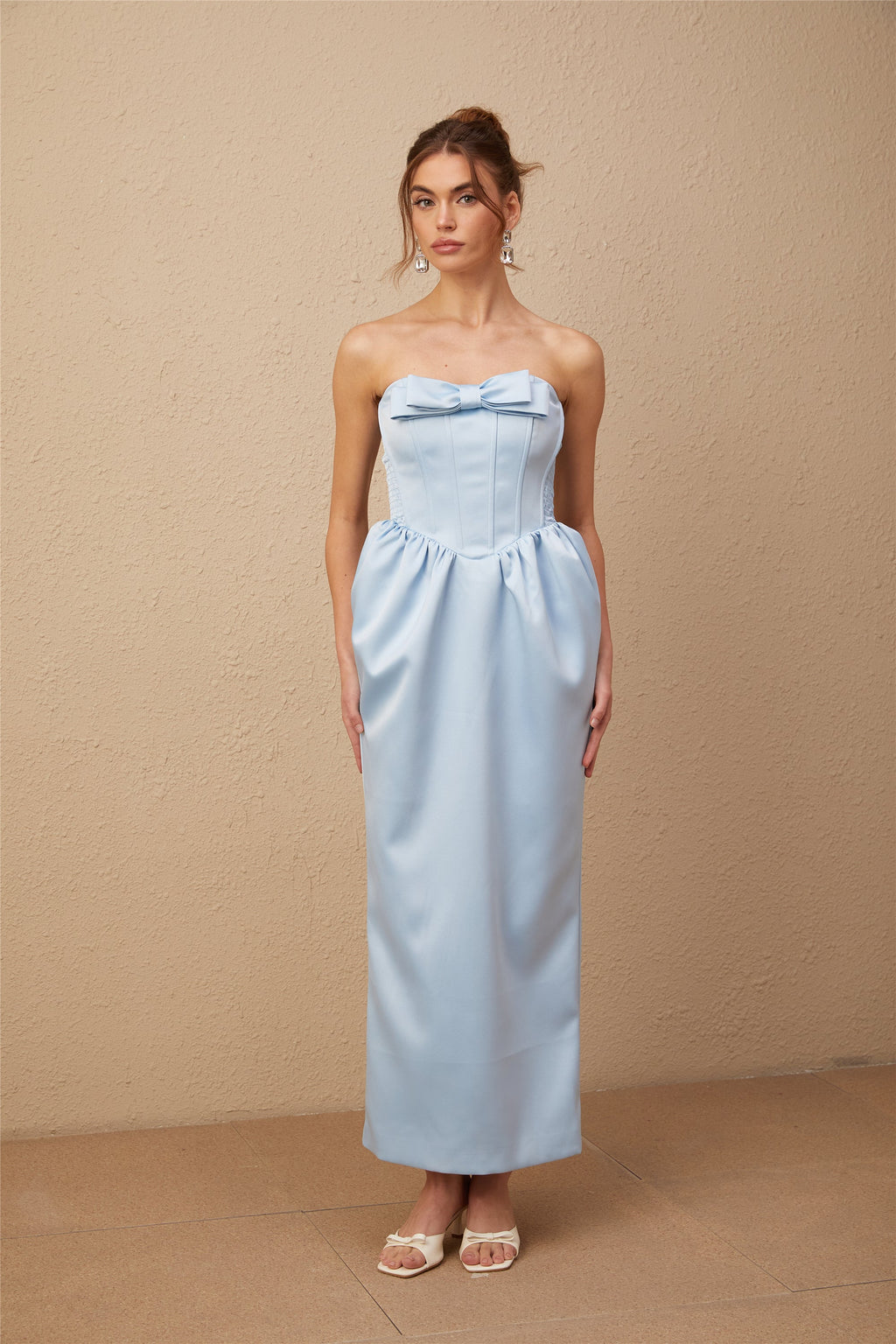 Flowering Girl Women Sylvie Blue Satin Bowknot Off-Shoulder Midi Dress