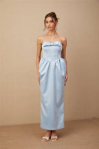 Flowering Girl Women Sylvie Blue Satin Bowknot Off-Shoulder Midi Dress