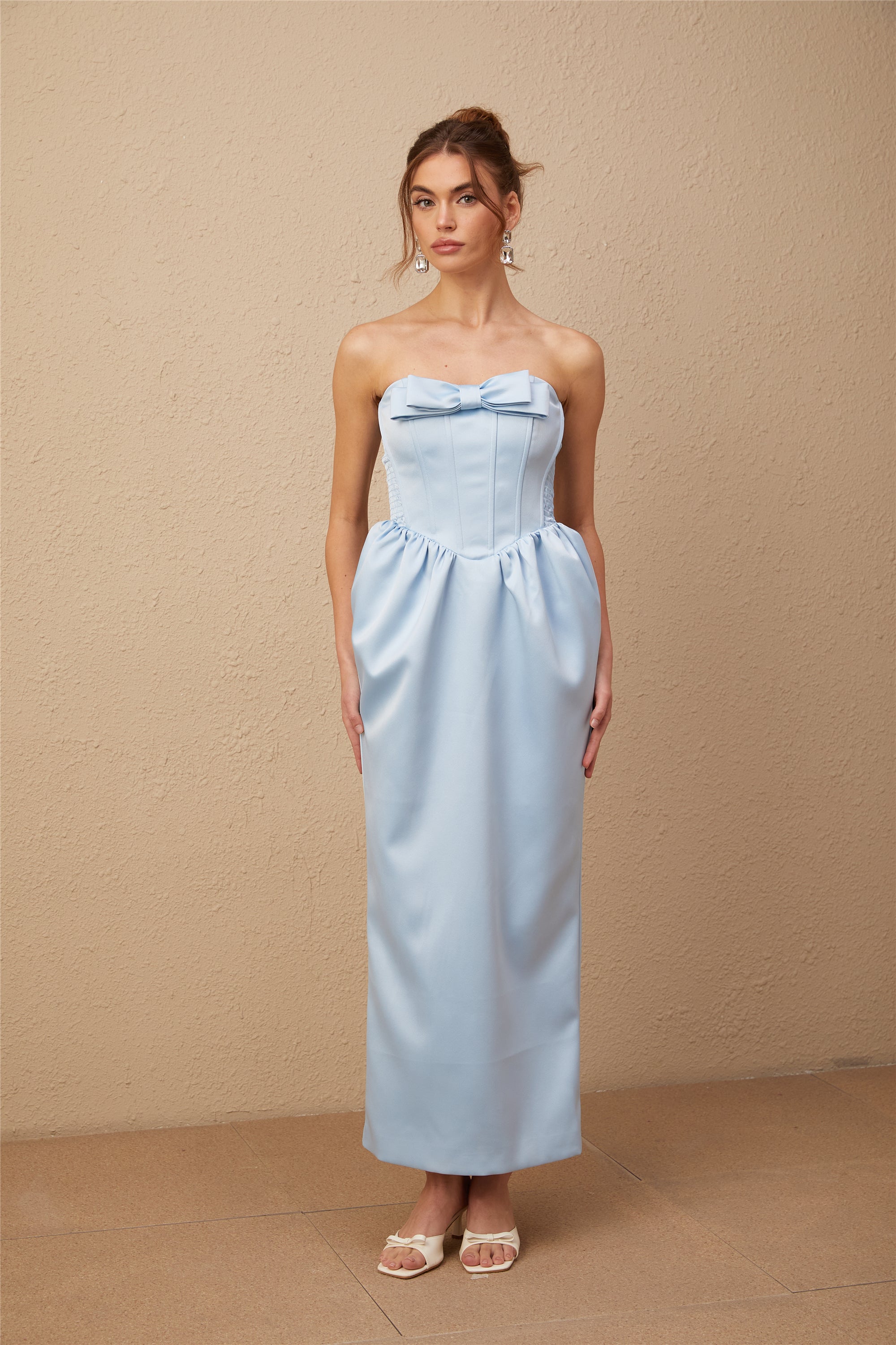 Flowering Girl Women Sylvie Blue Satin Bowknot Off-Shoulder Midi Dress