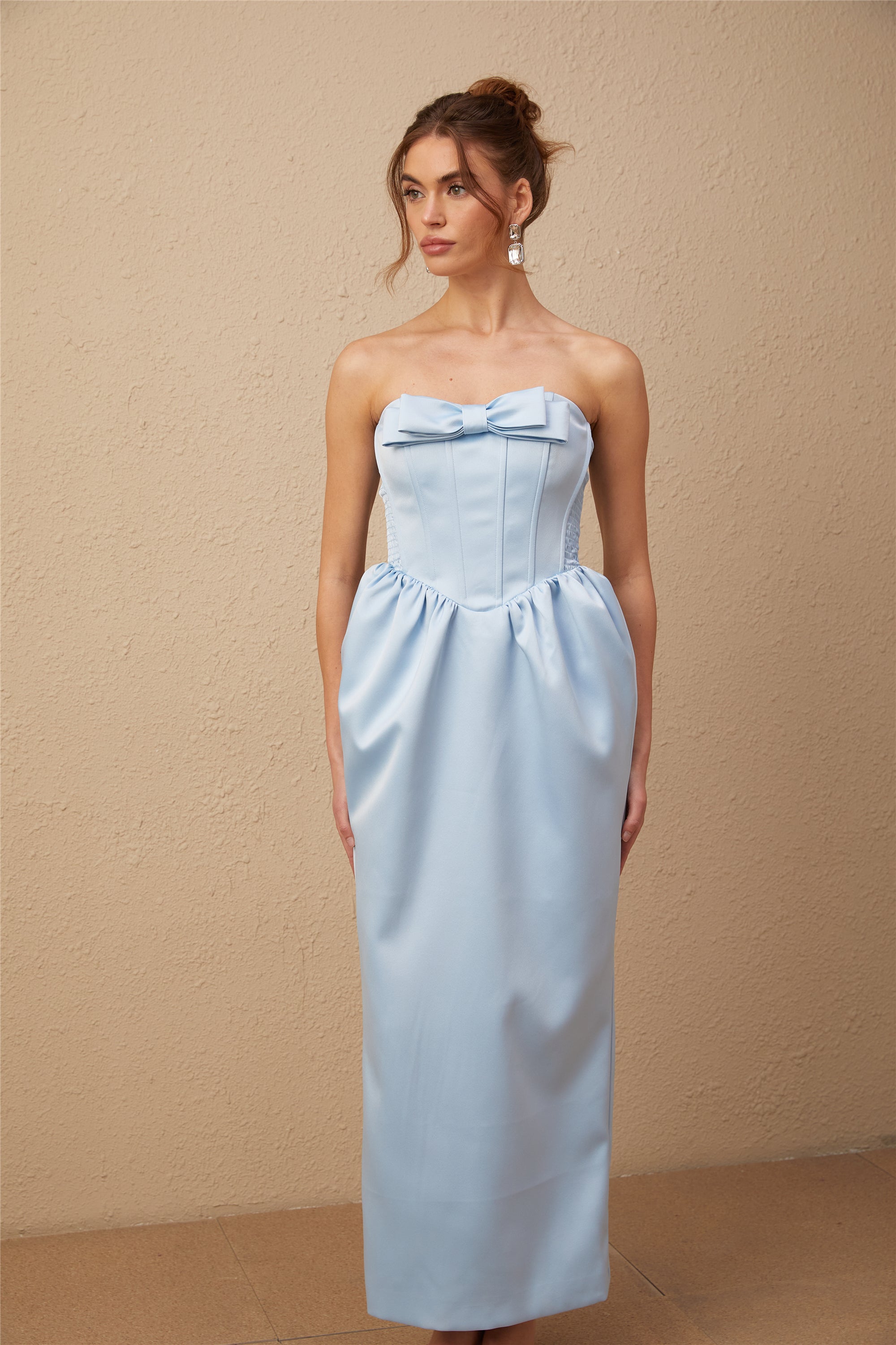 Flowering Girl Women Sylvie Blue Satin Bowknot Off-Shoulder Midi Dress
