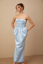 Flowering Girl Women Sylvie Blue Satin Bowknot Off-Shoulder Midi Dress