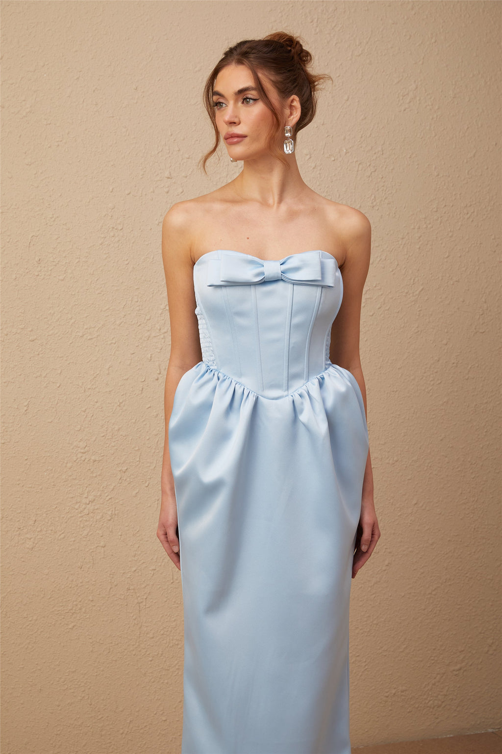 Flowering Girl Women Sylvie Blue Satin Bowknot Off-Shoulder Midi Dress