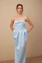 Flowering Girl Women Sylvie Blue Satin Bowknot Off-Shoulder Midi Dress