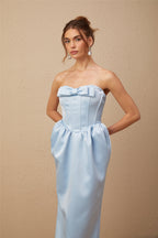 Flowering Girl Women Sylvie Blue Satin Bowknot Off-Shoulder Midi Dress