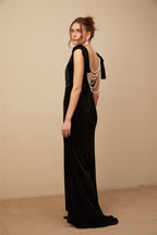 Flowering Girl Women Audrey Embellished Velvet Open-Back Maxi Dress