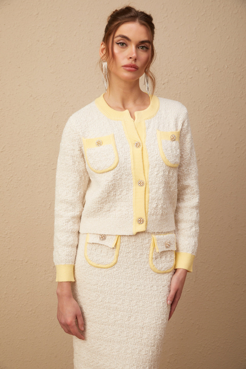 Flowering Girl Women Jessie white textured knit cardigan & skirt matching set