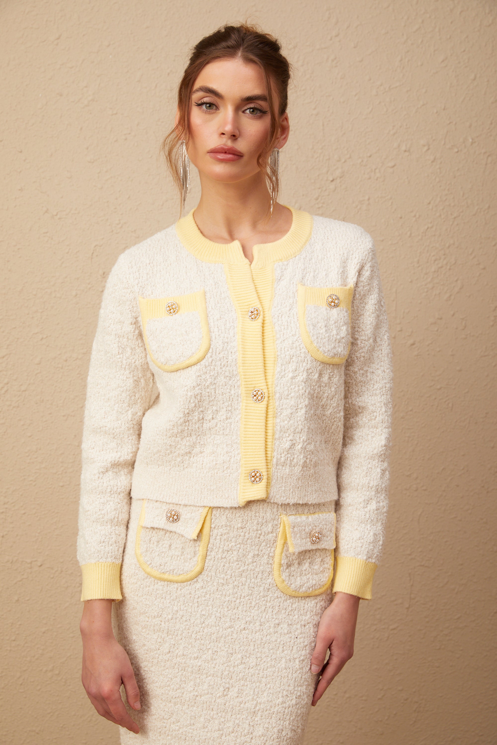 Flowering Girl Women Jessie white textured knit cardigan & skirt matching set