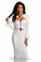 Flowering Girl Women Rhinestone Cut-Out Feather Midi Dress in white