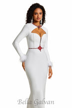 Flowering Girl Women Rhinestone Cut-Out Feather Midi Dress in white