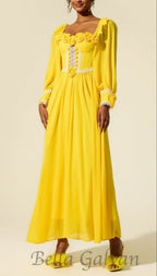 Flowering Girl Women Chiffon 3D Flower Long Sleeve Midi Dress in yellow