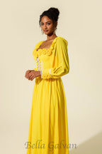 Flowering Girl Women Chiffon 3D Flower Long Sleeve Midi Dress in yellow