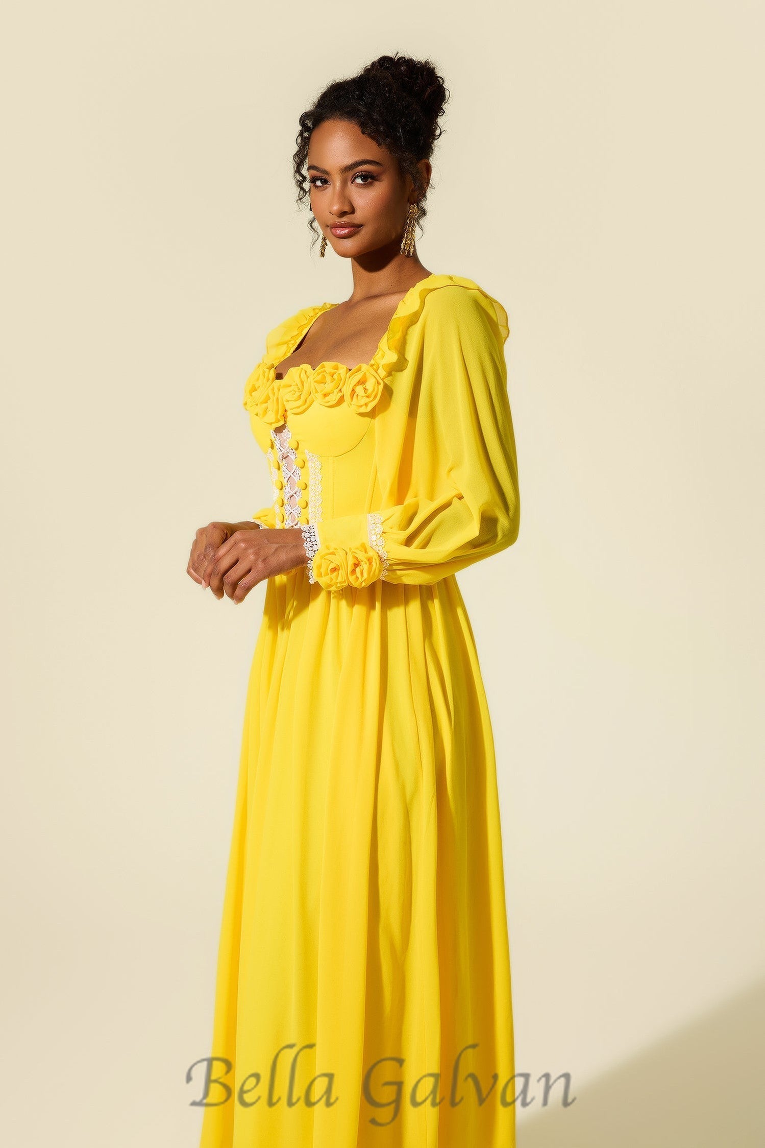 Flowering Girl Women Chiffon 3D Flower Long Sleeve Midi Dress in yellow