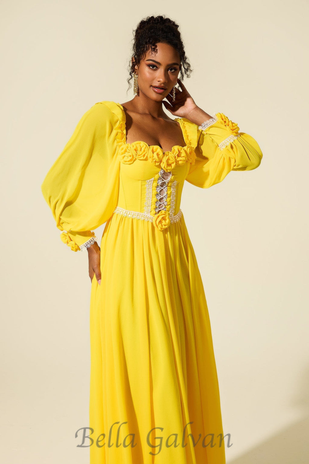 Flowering Girl Women Chiffon 3D Flower Long Sleeve Midi Dress in yellow