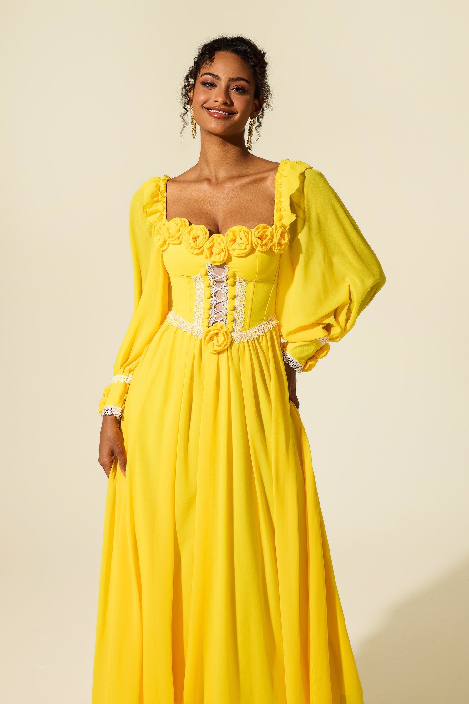 Flowering Girl Women Chiffon 3D Flower Long Sleeve Midi Dress In Yellow