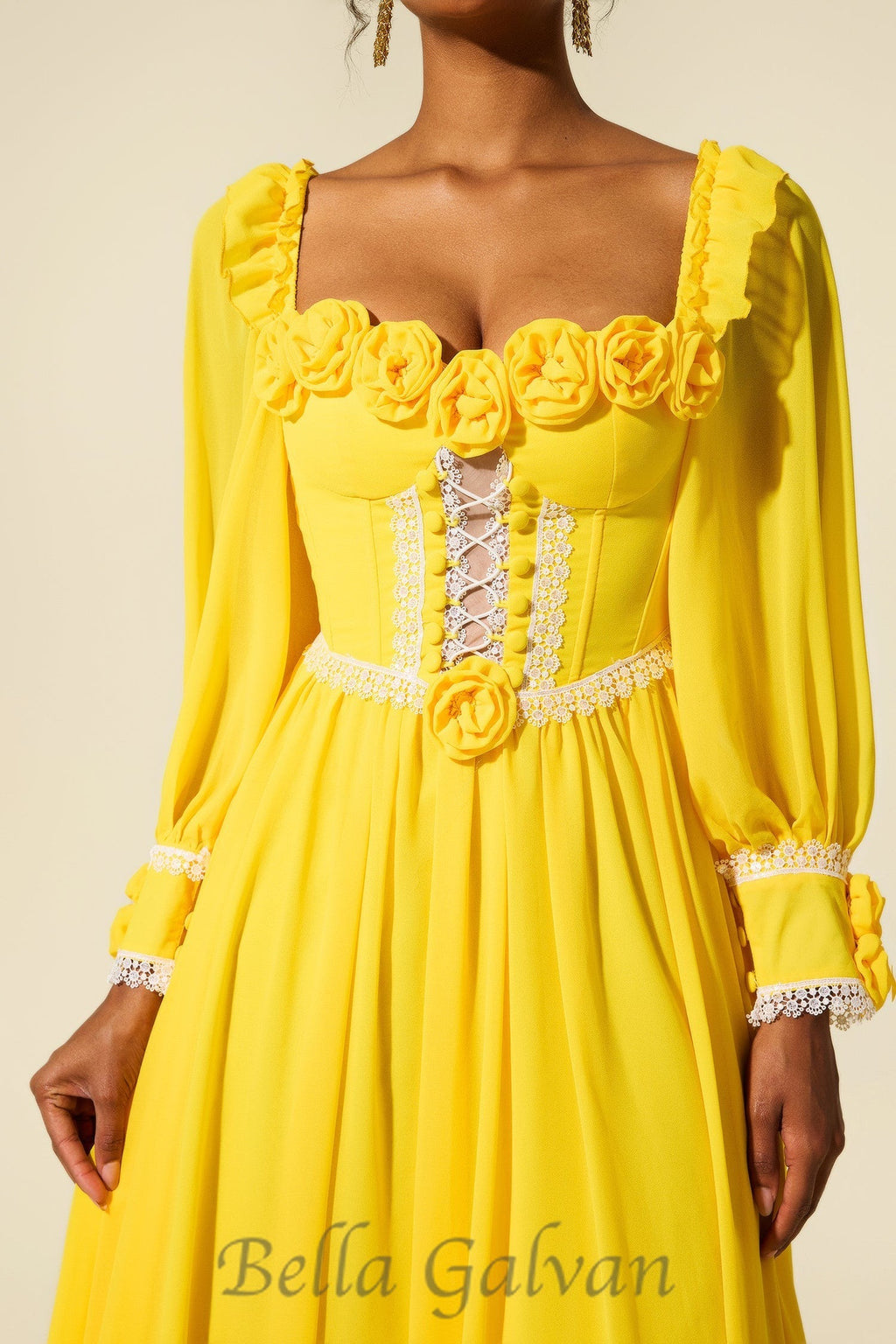 Flowering Girl Women Chiffon 3D Flower Long Sleeve Midi Dress in yellow