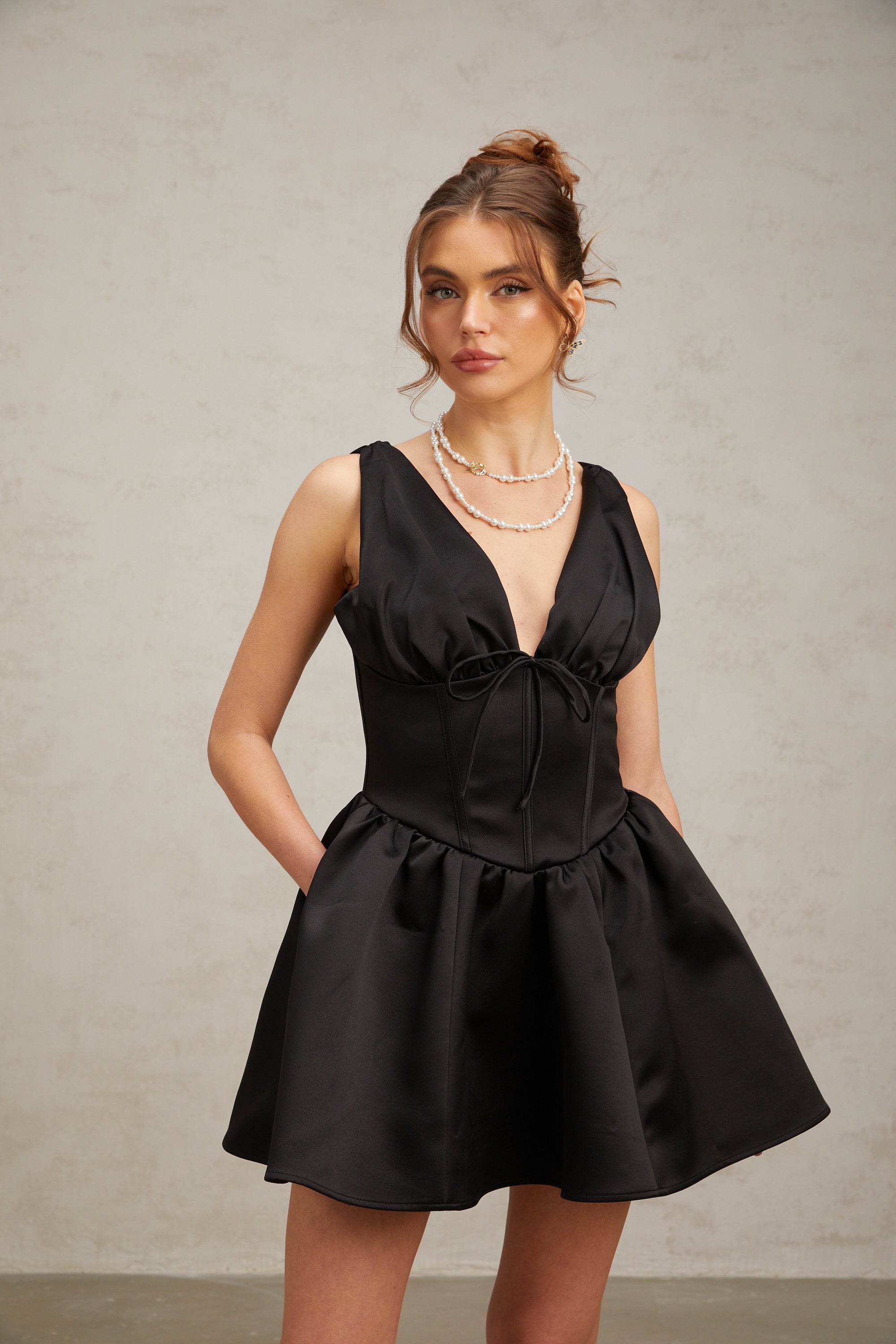Flowering Girl Women Jeanne black V-neck flared mini dress
