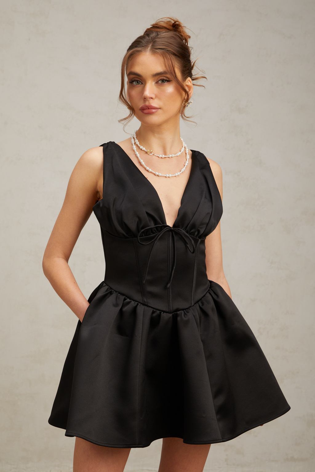 Flowering Girl Women Jeanne black V-neck flared mini dress