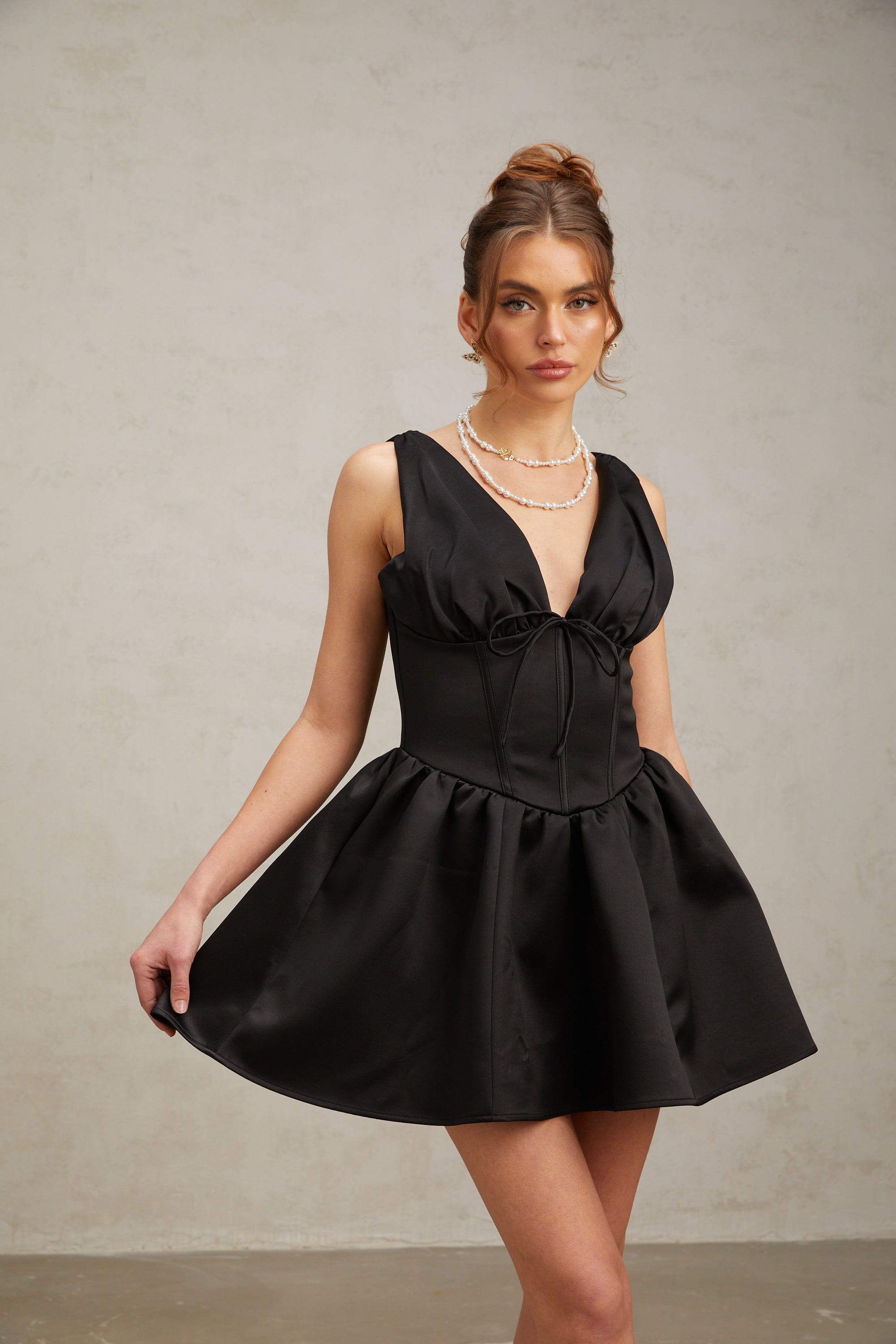 Flowering Girl Women Jeanne black V-neck flared mini dress