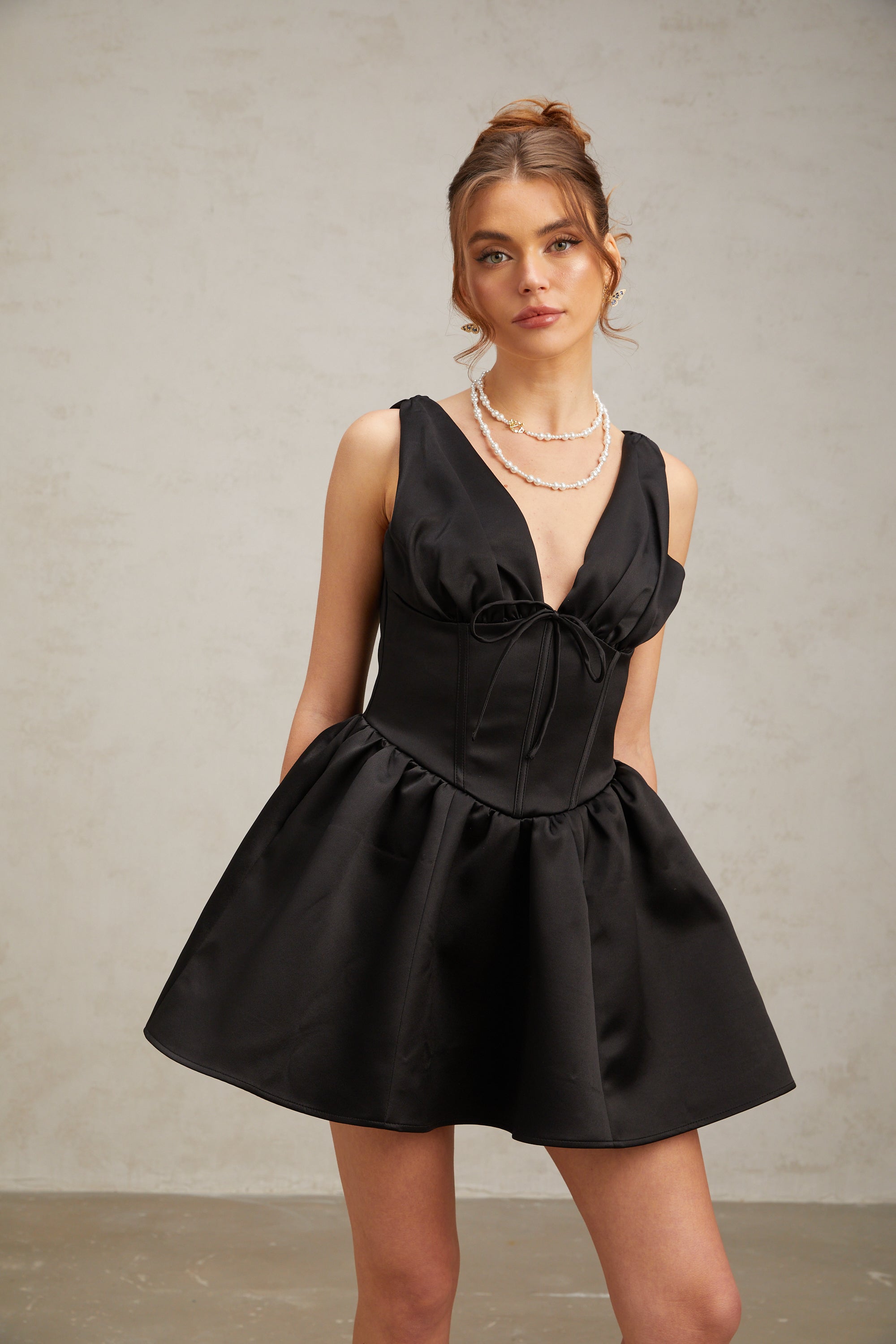 Flowering Girl Women Jeanne black V-neck flared mini dress