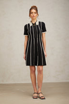 Flowering Girl Women Zazie black vertical-striped ruffle-trim knit mini dress