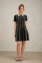Flowering Girl Women Zazie black vertical-striped ruffle-trim knit mini dress