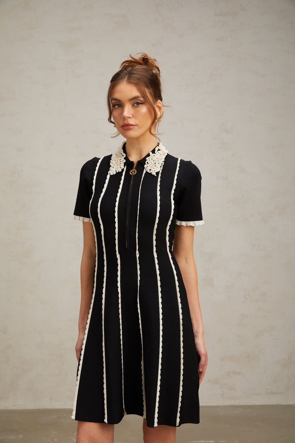 Flowering Girl Women Zazie black vertical-striped ruffle-trim knit mini dress