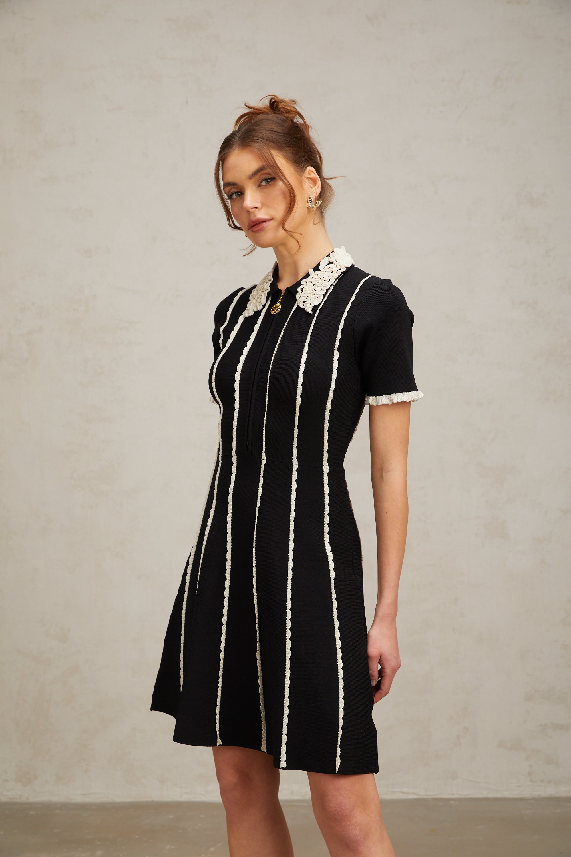Flowering Girl Women Zazie black vertical-striped ruffle-trim knit mini dress