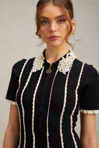 Flowering Girl Women Zazie black vertical-striped ruffle-trim knit mini dress