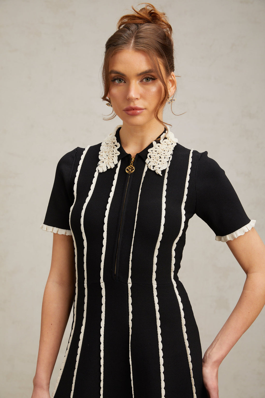 Flowering Girl Women Zazie black vertical-striped ruffle-trim knit mini dress