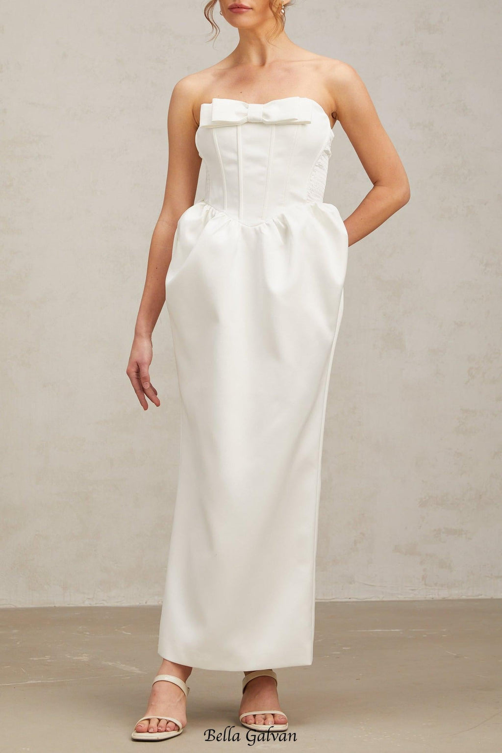josephine bow satin strapless maxi dress in white