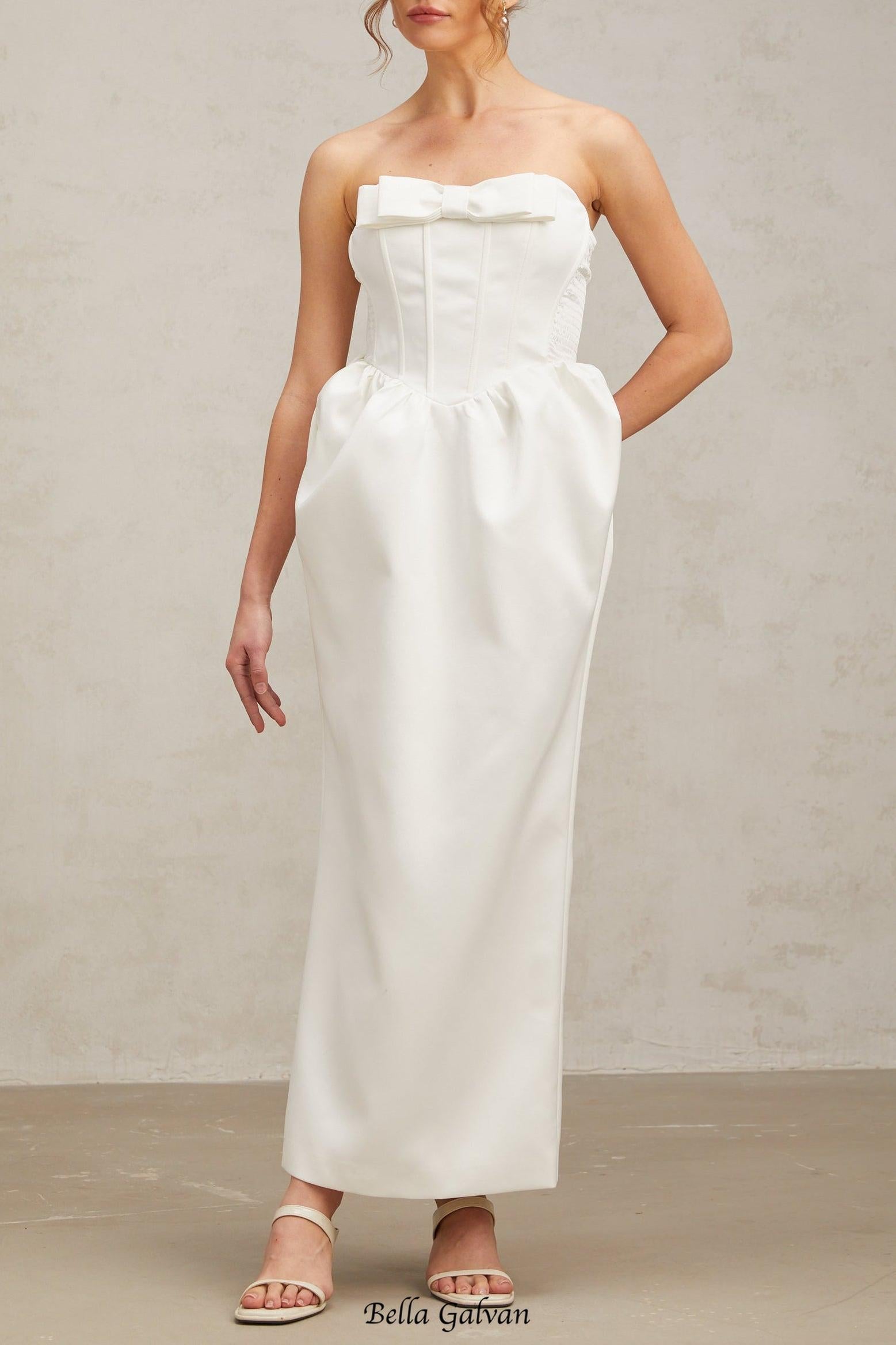 josephine bow satin strapless maxi dress in white