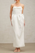 josephine bow satin strapless maxi dress in white