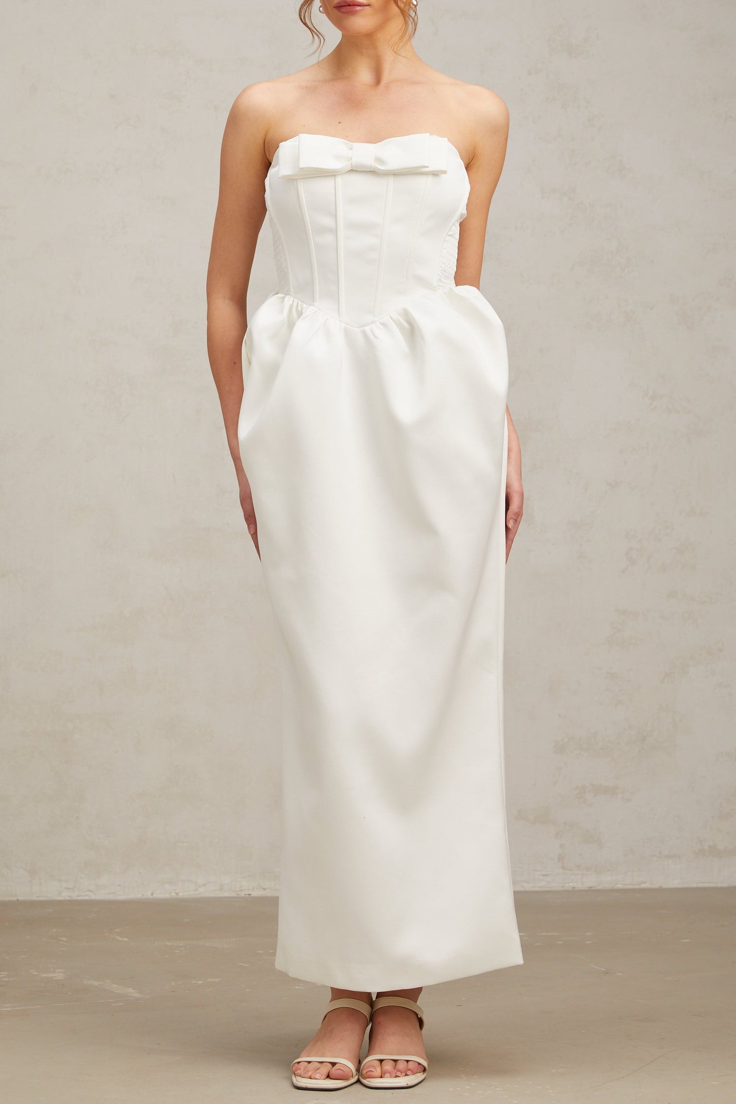 Flowering Girl Women Josephine Bow Satin Strapless Maxi Dress In White