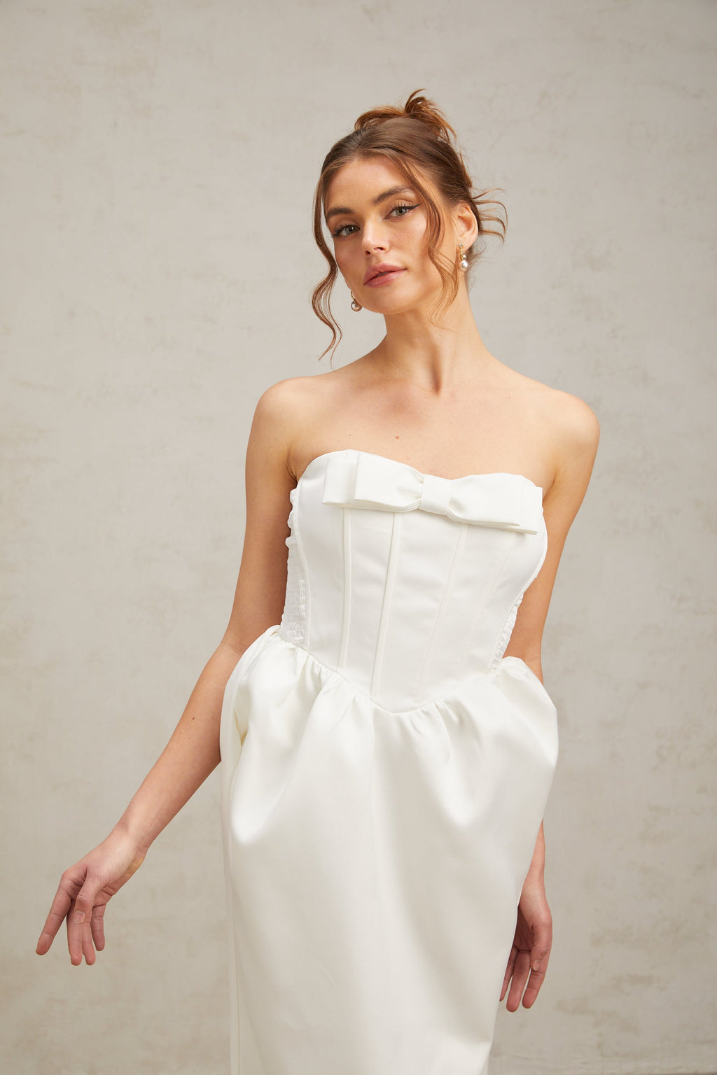 josephine bow satin strapless maxi dress in white
