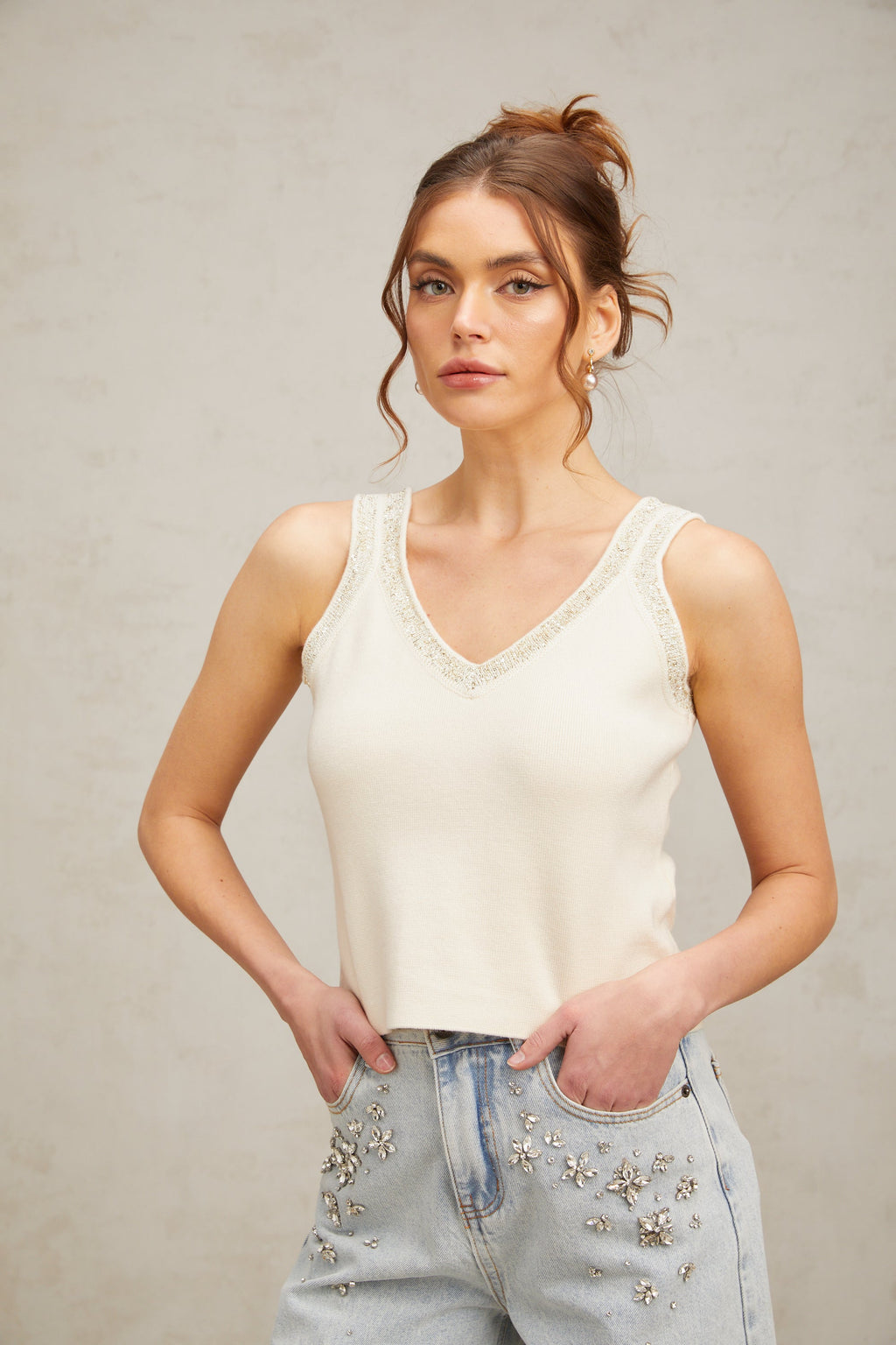 Flowering Girl Women Celia white sequined fine-knit cropped top
